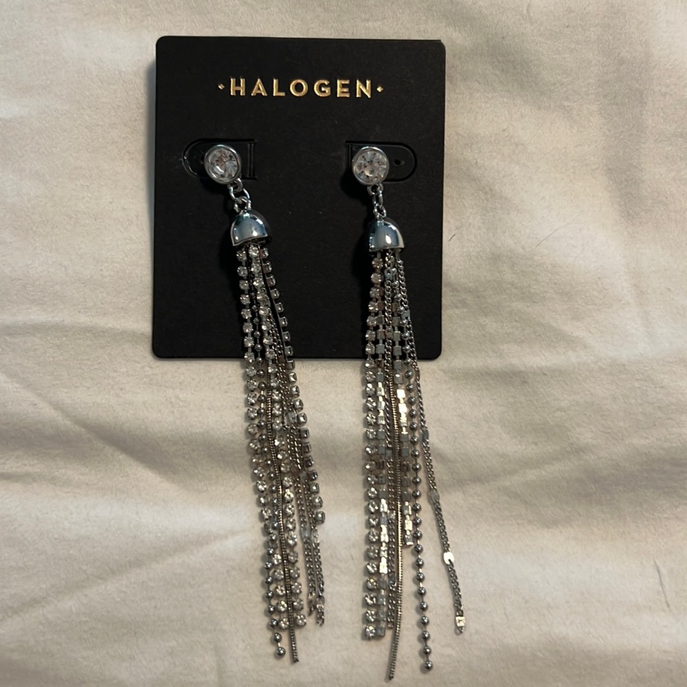Silver long dangle earrings with crystals